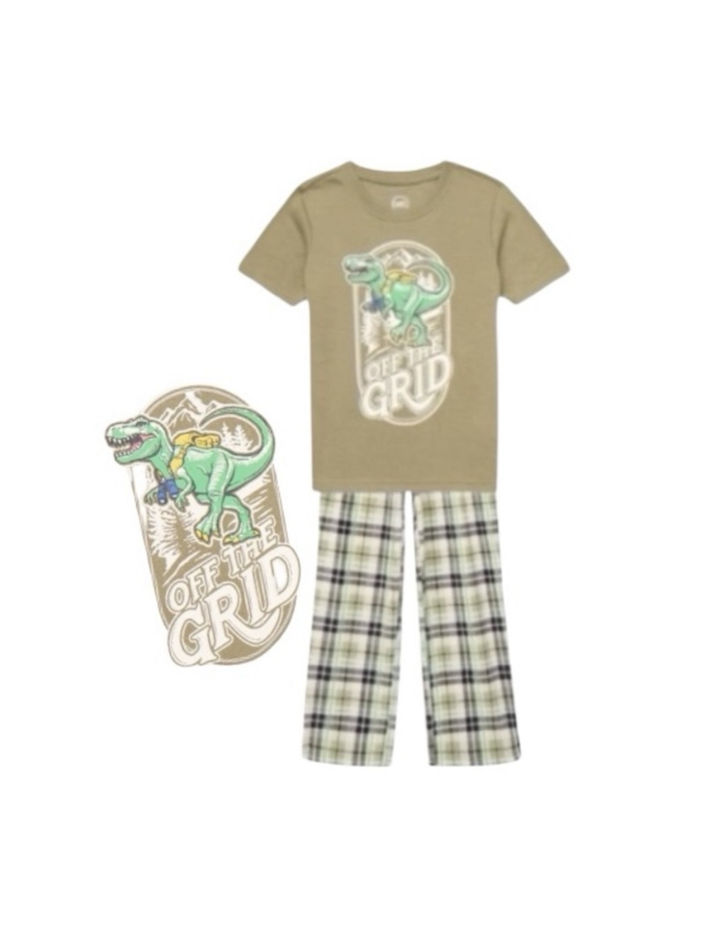 Wonder Nation Dino Adventure Off The Grid Pajama Set - Tan and Green